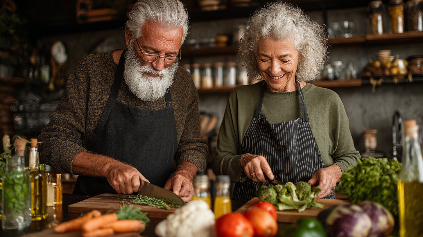 Літня пара готує здорову їжу на кухні